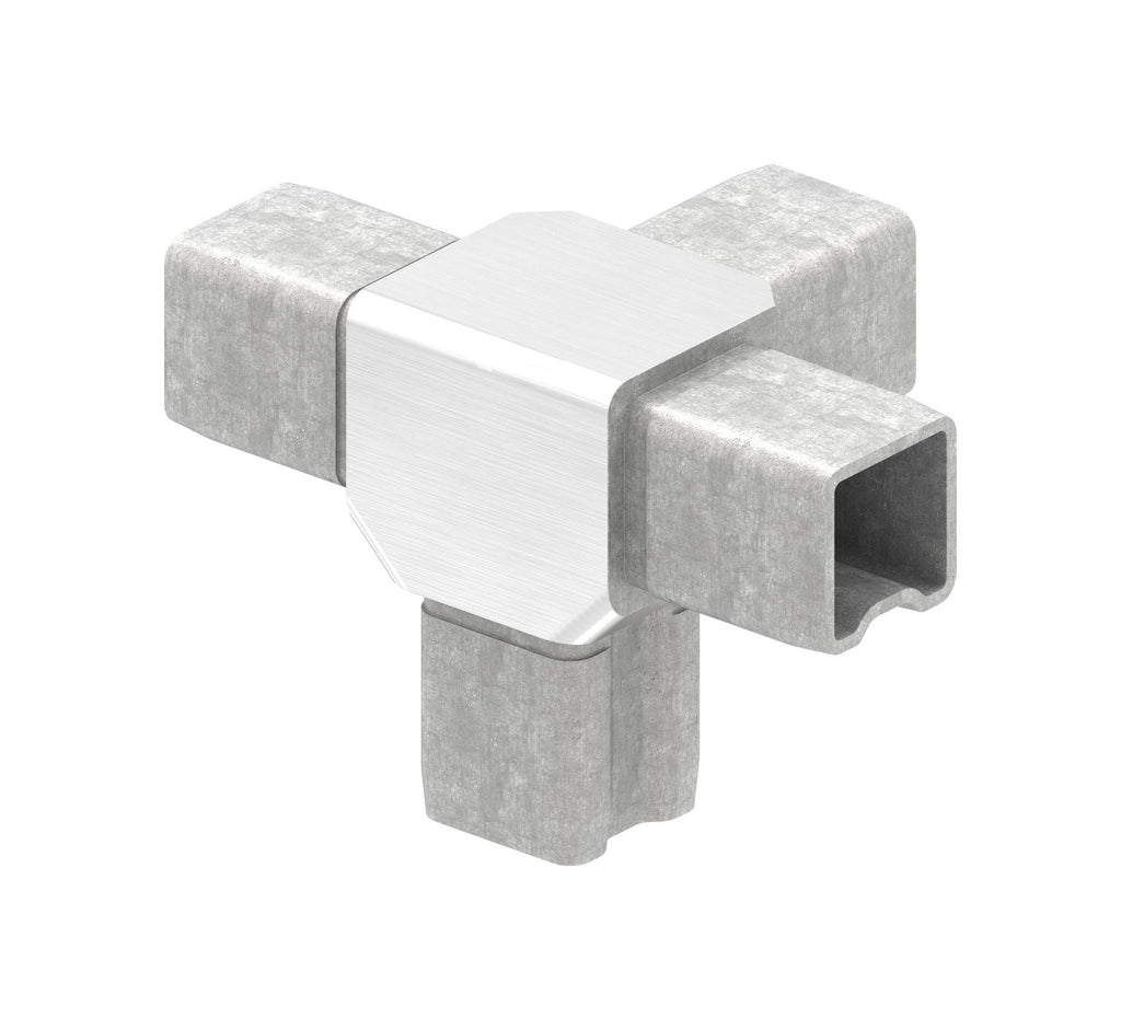 Edelstahl T-Eckverbinder 90° für Quadratrohre, 4 gleiche Abgänge, zum Stecken, V4A