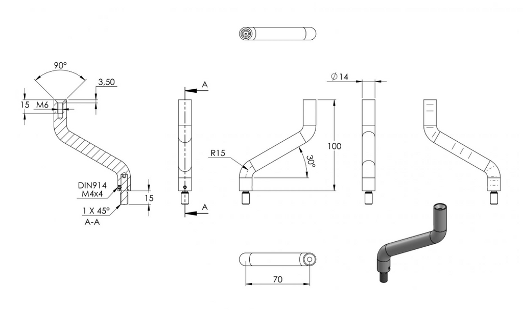 Bügel Edelstahl 2 x 30° gebogen, 360° drehbar,1 x Außengewinde, 1 x Innengewinde, V2A