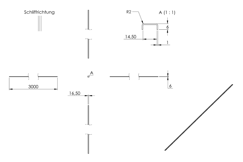 Zeichnung Kantenschutzprofil, Länge 3 m, für Glasstärke 12,00 - 13,52 mm