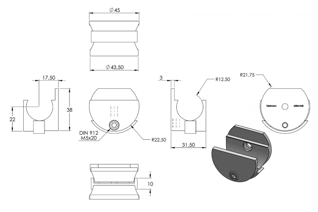 Wandhalter für Laufschiene, zum Klemmen, für Glasschiebetürsystem, V2A