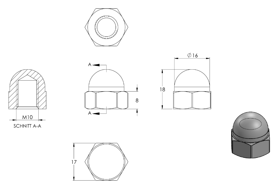 Edelstahl Sechskant-Hutmutter für Wandhalter SW10828, V2A