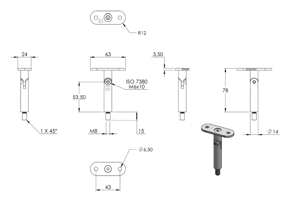 Zeichnung Stift Ø 14 mm, Halteplatte flach