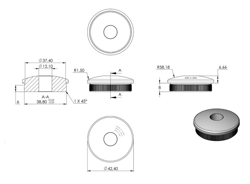 Zeichnung Rohrabschlussstopfen mit Bohrung Ø 12,1 mm, für Rohr Ø 42,4 x 2,0 mm