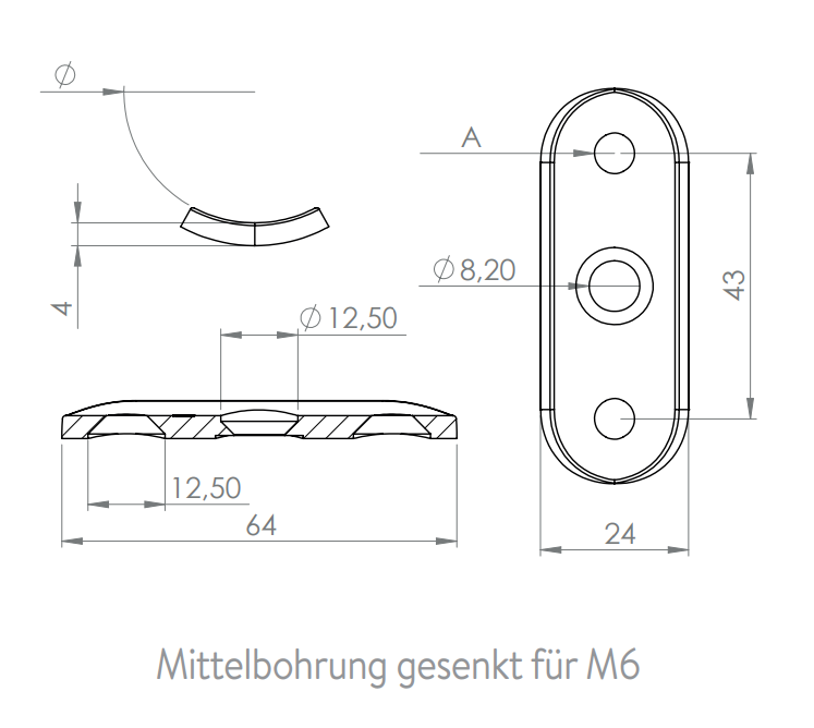 Handlaufanschlussplatte flach / für Rohr, zum Verschrauben, gesenkt für M6, V2A