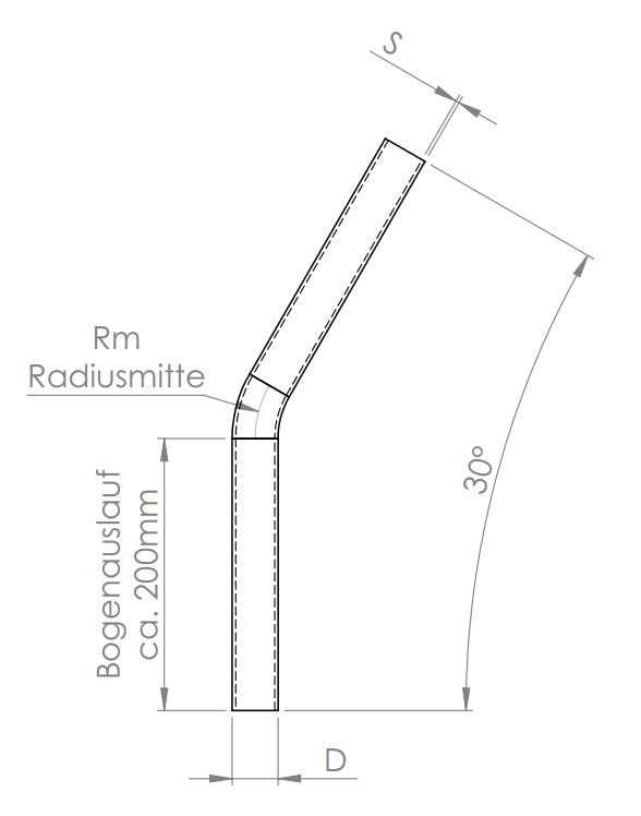 Edelstahl Rohrbogen 30° mit Bogenauslauf ca. 200 mm, V2A