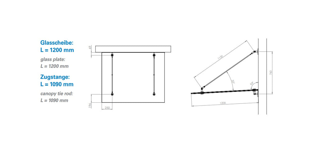 Montageempfehlung: Glasscheibe L 1200 mm, Zugstange L 1090 mm