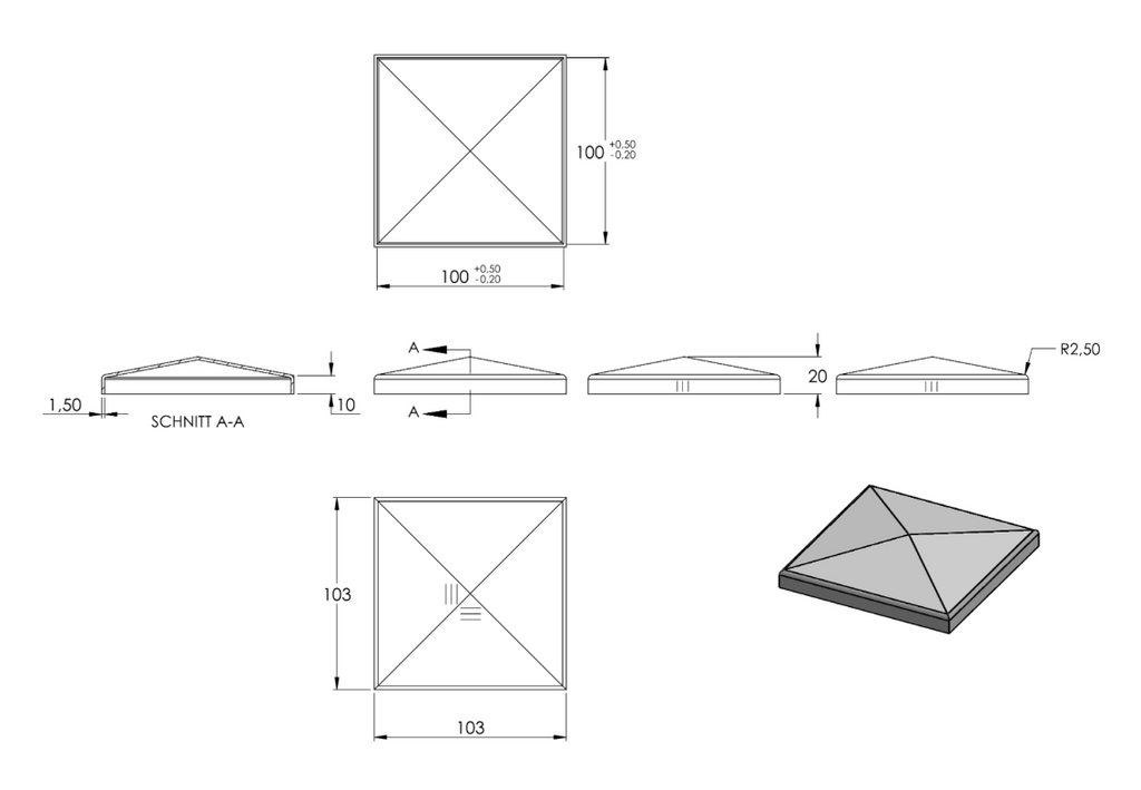 Zeichnung Pyramidenkappe für Rohr 100 x 100 mm