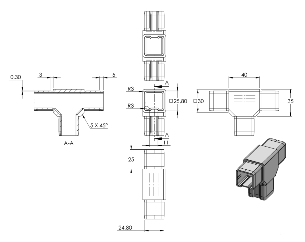 Zeichnung T-Verbinder für Quadratrohr 30 x 30 x 2,0 mm