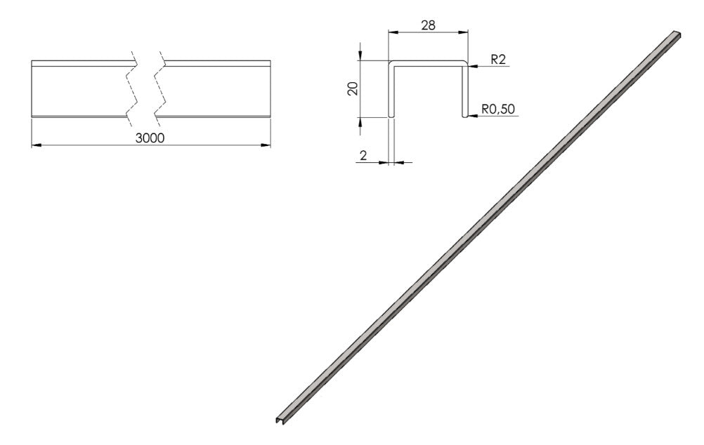 Kantenschutzprofil Länge 3 m, für Glasstärke 16.00 - 17.52 mm