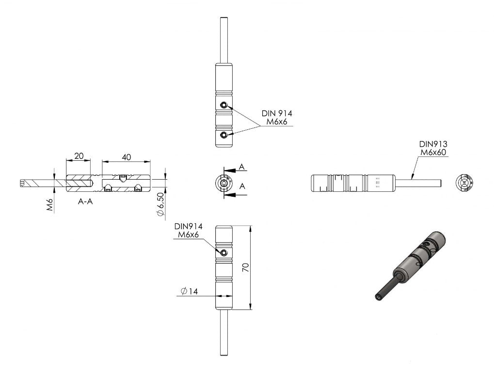 Zeichnung Gewindeterminal für Seil Ø 6 mm, mit Außengewinde M6