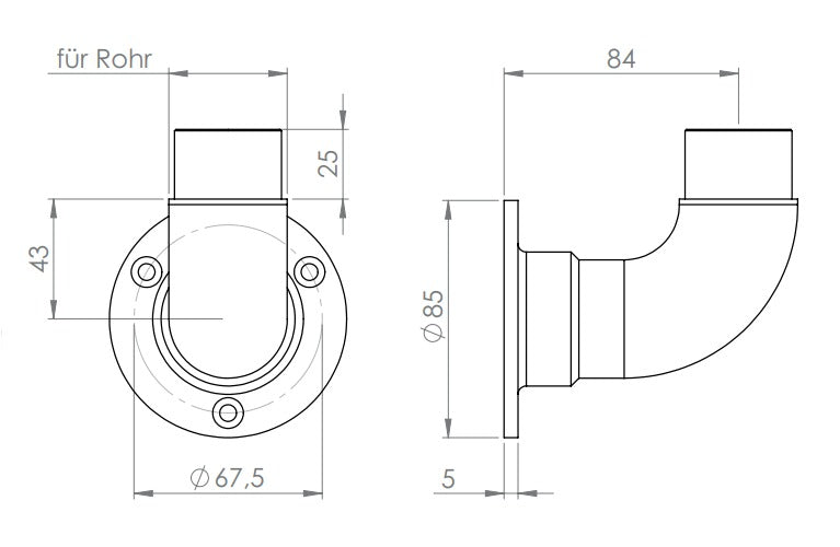 Edelstahl Wandhalter 90° für Rundrohre, abgerundete Form, zum Einstecken ins Rohr, V2A