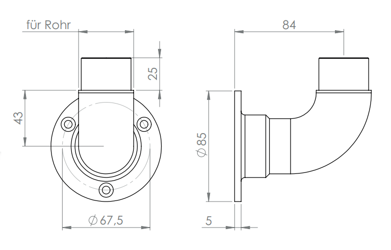 Edelstahl Wandhalter 90° für Rundrohre, abgerundete Form, zum Einstecken ins Rohr, V2A