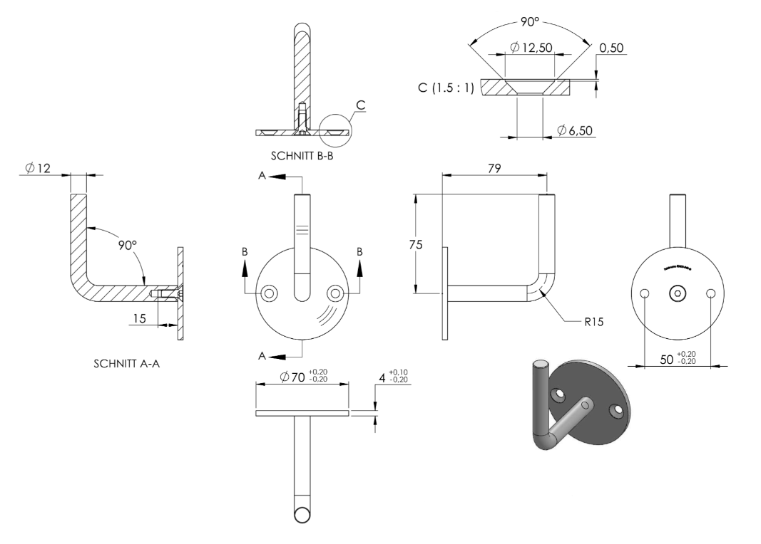 Zeichnung Handlaufhalter mit 62 mm Wandabstand 