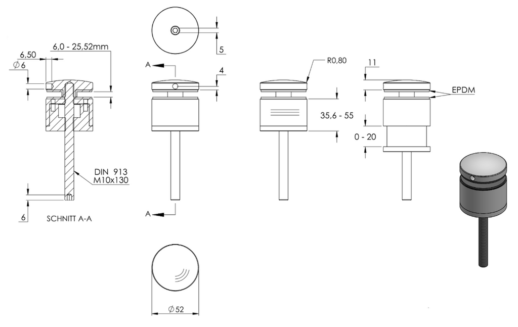 Glaspunkthalter Ø 52 mm, Klemmbereich 6.0 - 25.25 mm, verstellbarer Wandabstand 35 - 55 mm, V2A