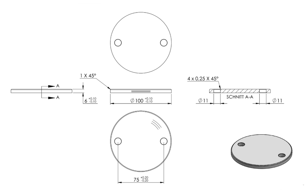 Zeichnung Ankerplatte Ø 100 x 6 mm, Bohrung Ø 11 mm