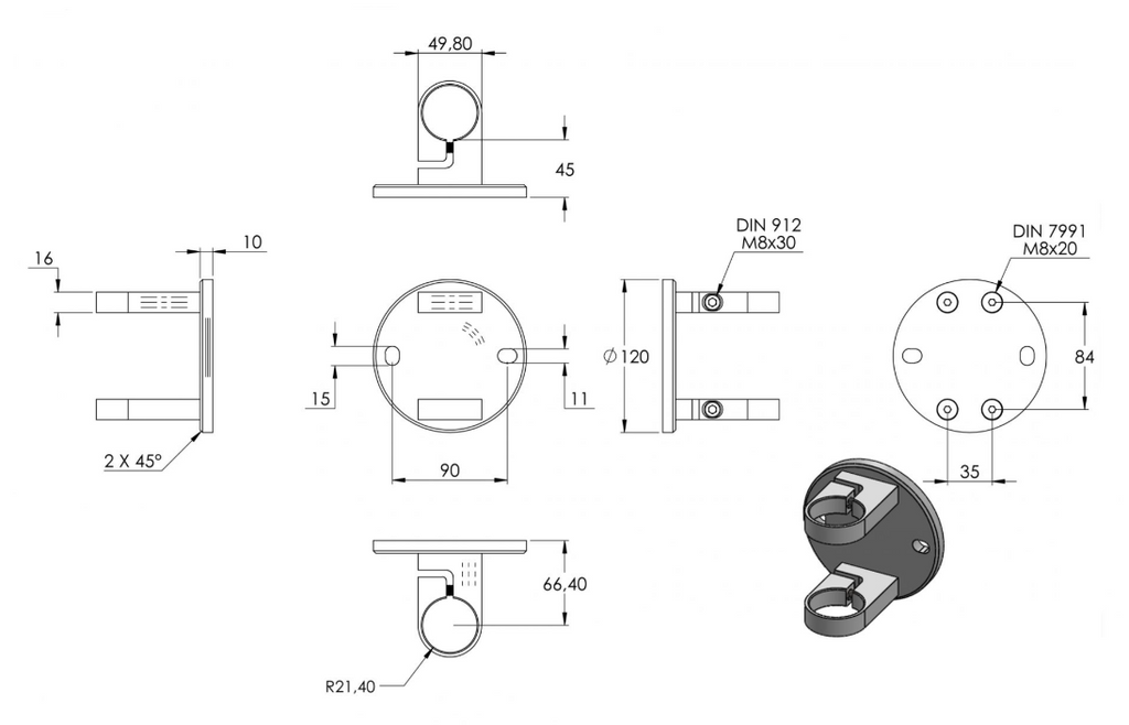 Zeichnung Wandbefestigung für Rohr Ø 42,4 mm