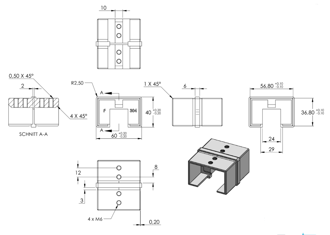 Rohrverbinder für Rechteck-Nutrohr 60 x 40 x 1,5 mm, V2A