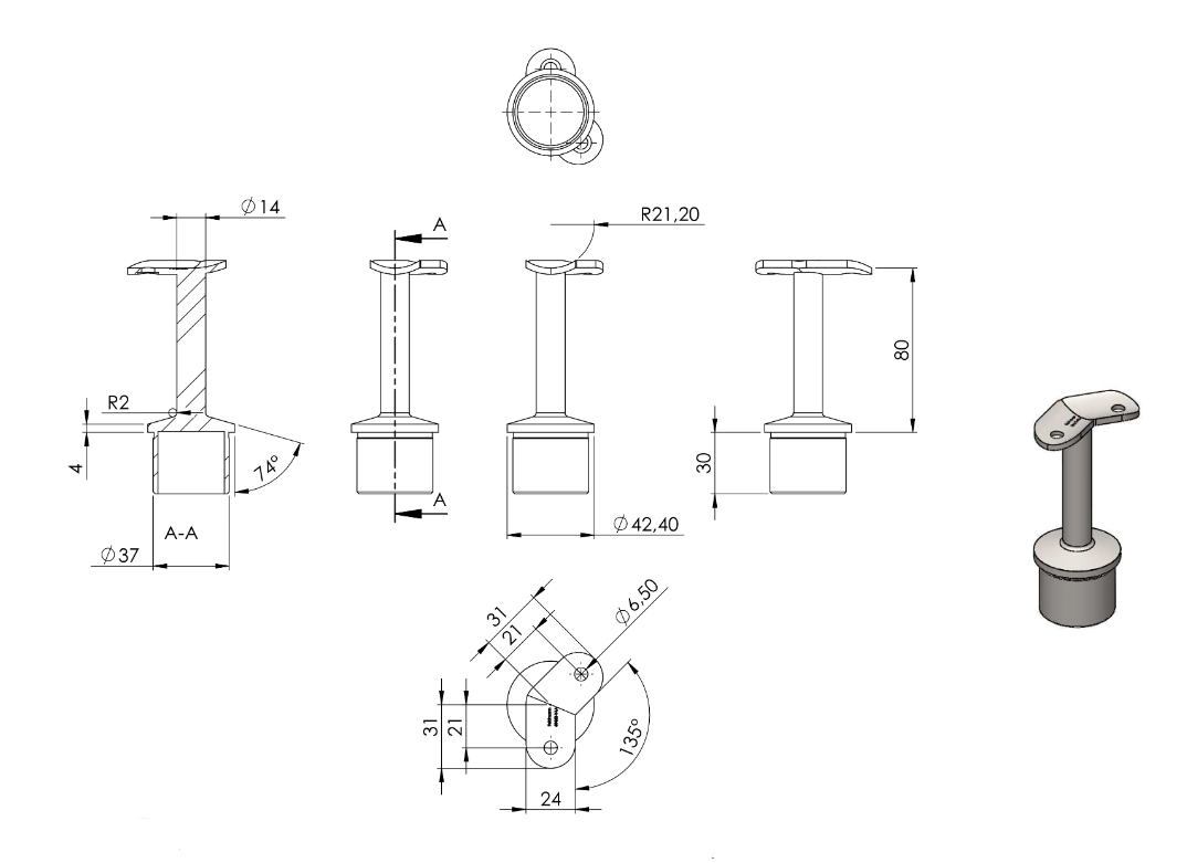 Zeichnung Handlaufstütze für Rohr Ø 42,4 x 2,5 mm