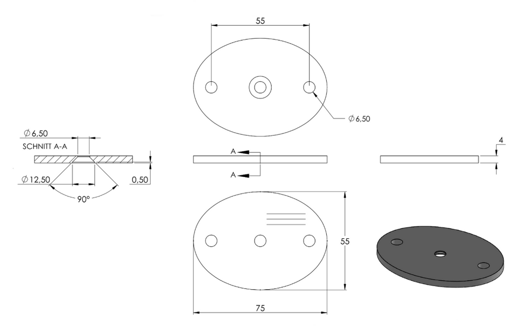 Edelstahl Ronde für Handlaufträger, ohne Fase, Mittelbohrung, 2 Bohrungen, Schrägschliff, V2A