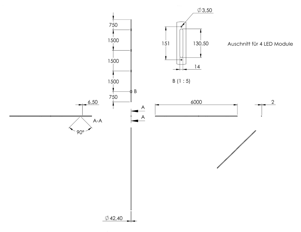Zeichnung Handlauf Länge 6 m mit 4 Aussparungen für LED-Lichtmodule