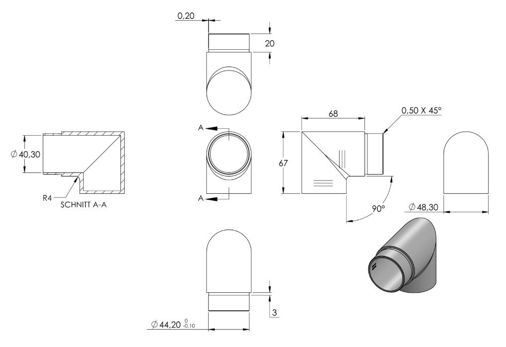 Zeichnung Endstück für Rohr Ø 48,3 x 2,0 mm