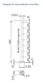Edelstahlpfosten zur Bodenmontage, Länge 880 mm, 7 x M6 Fließformgewinde, V2A