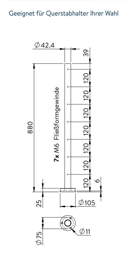 Edelstahlpfosten zur Bodenmontage, Länge 880 mm, 7 x M6 Fließformgewinde, V2A