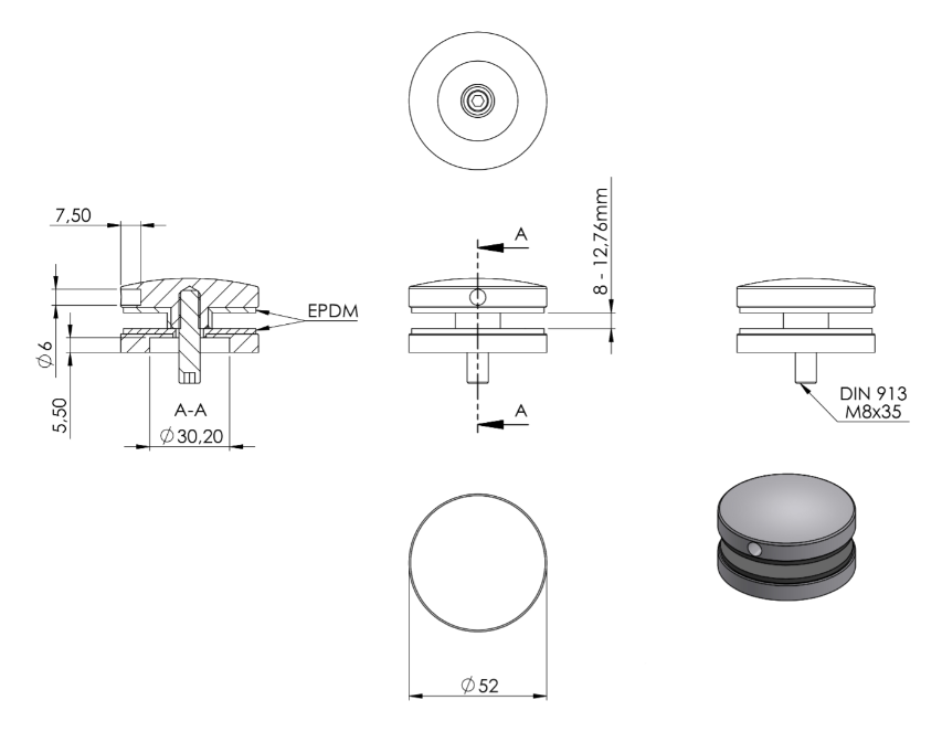 BRENK-fix® Glaspunkthalter Ø 52 mm, Ober- und Unterteil, mit Gewindestift / Alu, V2A