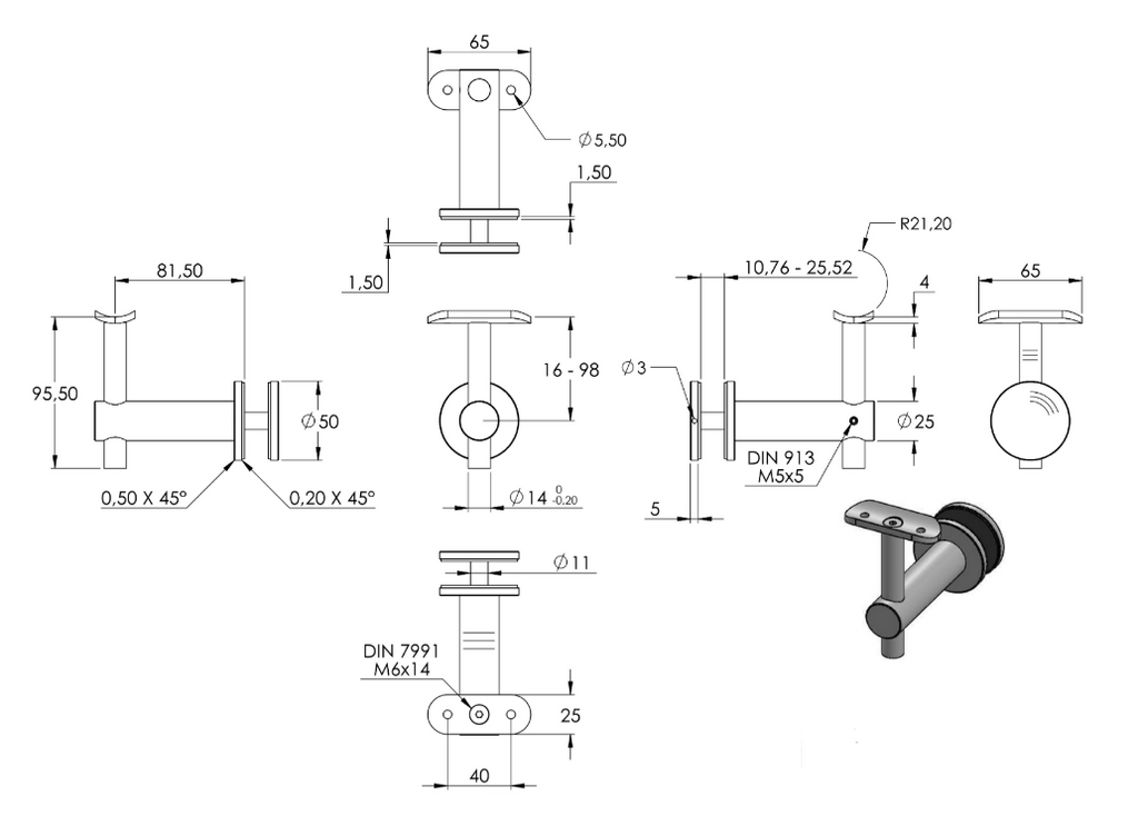 Zeichnung Handlaufhalter mit Halteplatte Ø 42,4 mm
