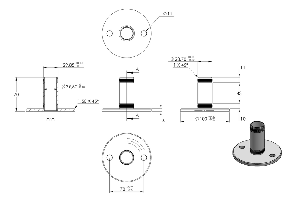 Zeichnung Wand- und Bodenanker Ø 33,7 x 2,0 mm