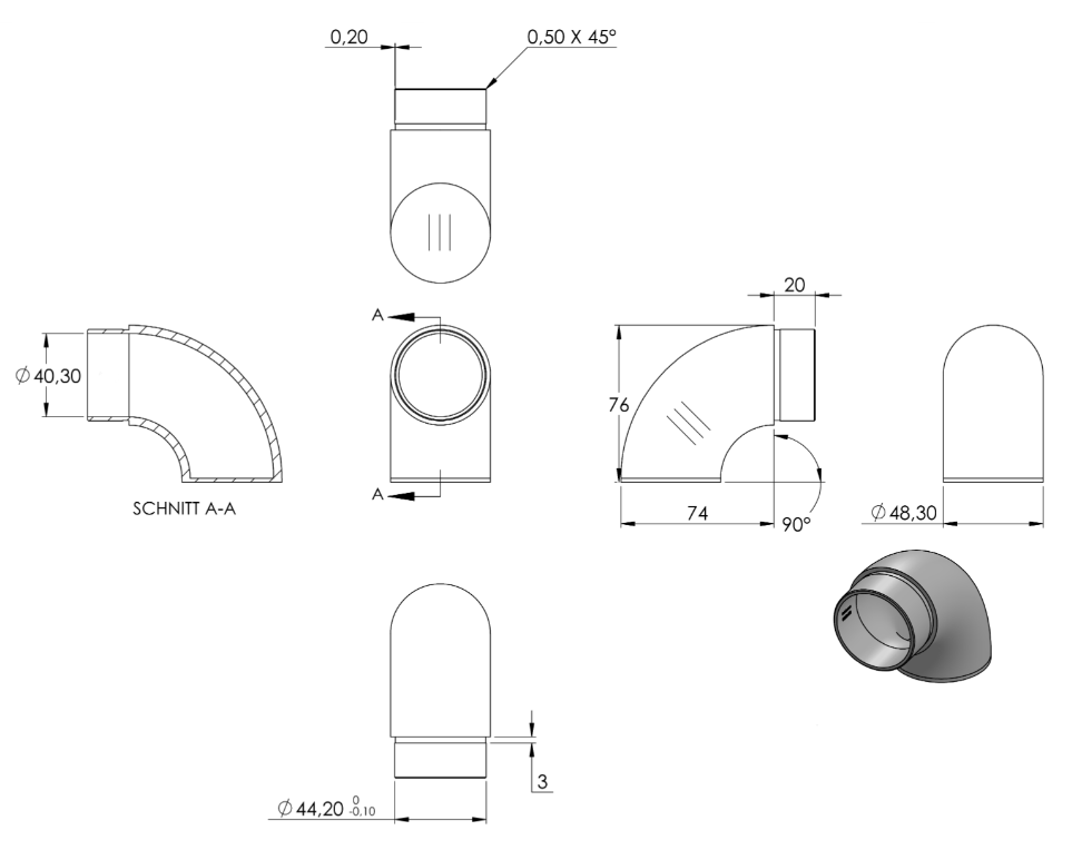 Zeichnung Rohrbogen für Rohr Ø 48,3 x 2,0 mm