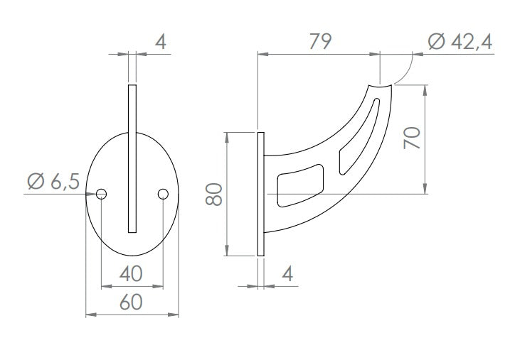 Handlaufträger zum Anschrauben, mit ovaler Ronde mit 2 Bohrungen, V2A