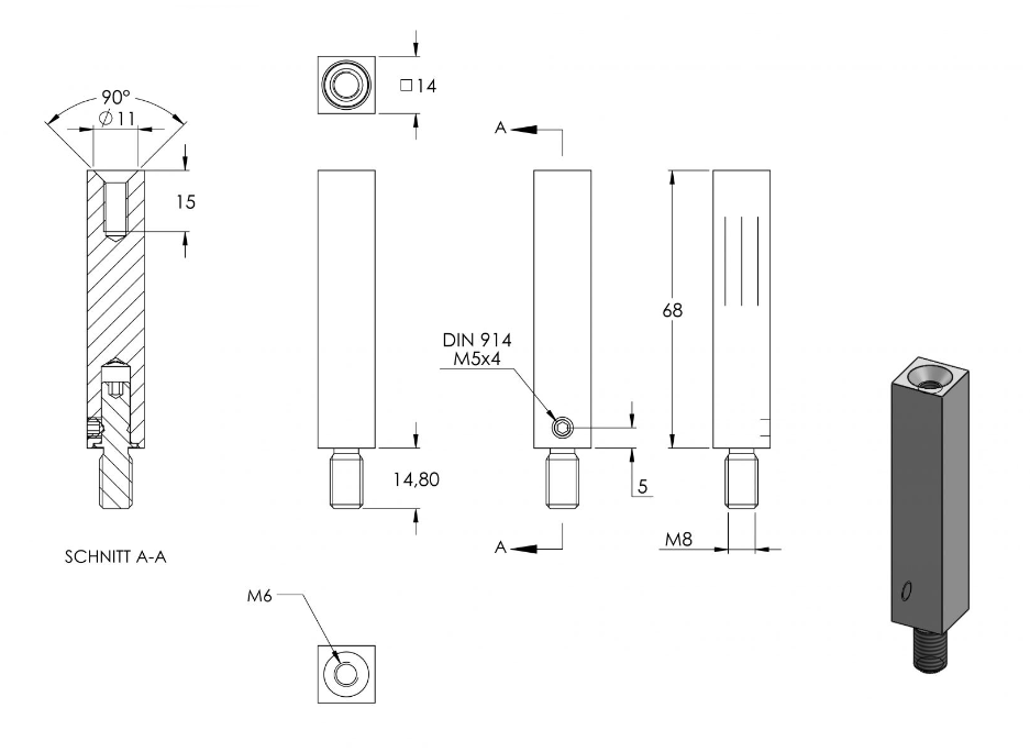 Stift Edelstahl, quadratisch, drehbar 360°, 1 x Außengewinde, 1 x Innengewinde, V2A