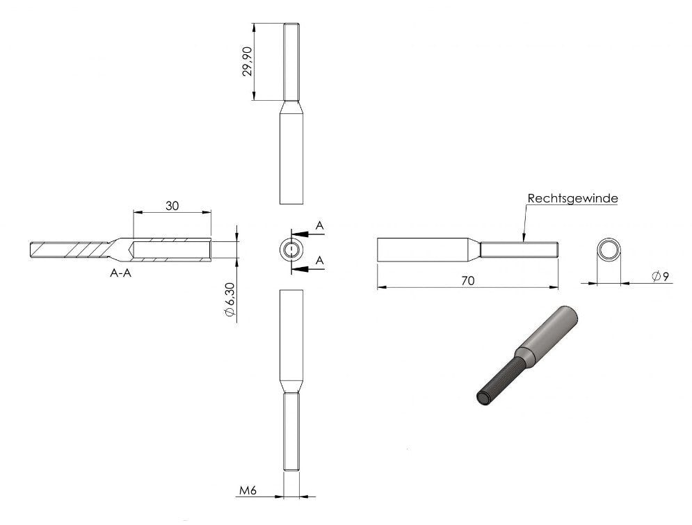 Zeichnung Gewindeterminal für Seil 6 mm, mit Außengewinde M6 rechtsgängig