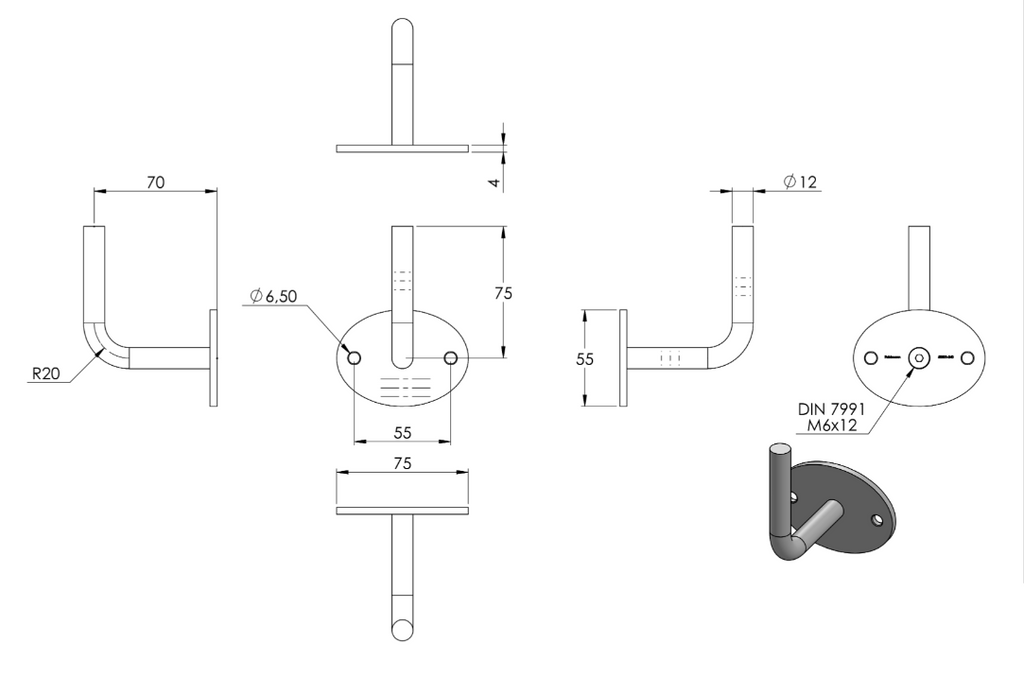 verschraubter Handlaufhalter mit 2 Bohrungen, Ronde oval, zum Anschweißen des Handlaufs, V2A