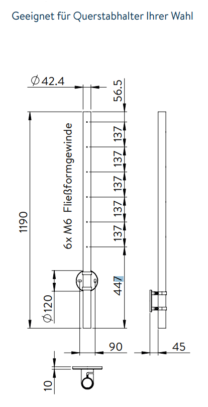 Edelstahlpfosten zur Wandmontage, Länge 1190 mm, 6 x M6 Fließformgewinde, V2A