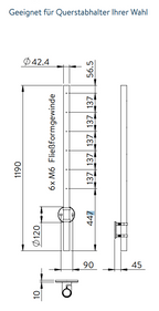 Edelstahlpfosten zur Wandmontage, Länge 1190 mm, 6 x M6 Fließformgewinde, V2A