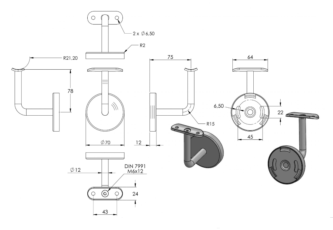 Handlaufhalter mit Cliprosette und Anschlussplatte, zum Anschrauben des Handlaufs, V2A