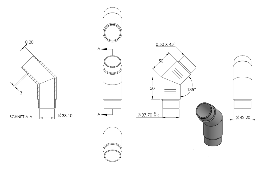 Zeichnung Eckstück für Rohr Ø 42,4 x 2,5 mm