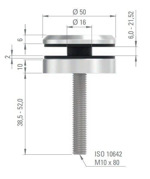 Glaspunkthalter Ø 52 mm mit Schraube, Klemmbereich 6.0 - 21.52 mm, V2A