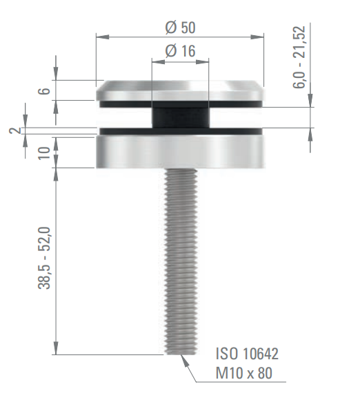Glaspunkthalter Ø 52 mm mit Schraube, Klemmbereich 6.0 - 21.52 mm, V2A