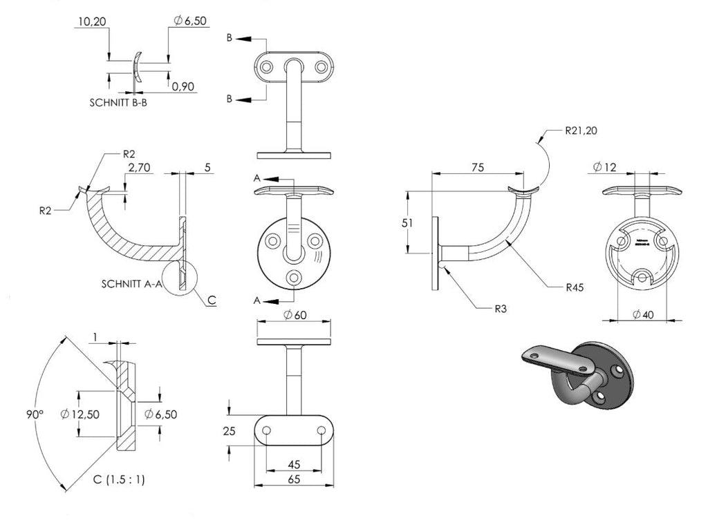Zeichnung Handlaufhalter mit Anschlussplatte Ø 42,4 mm