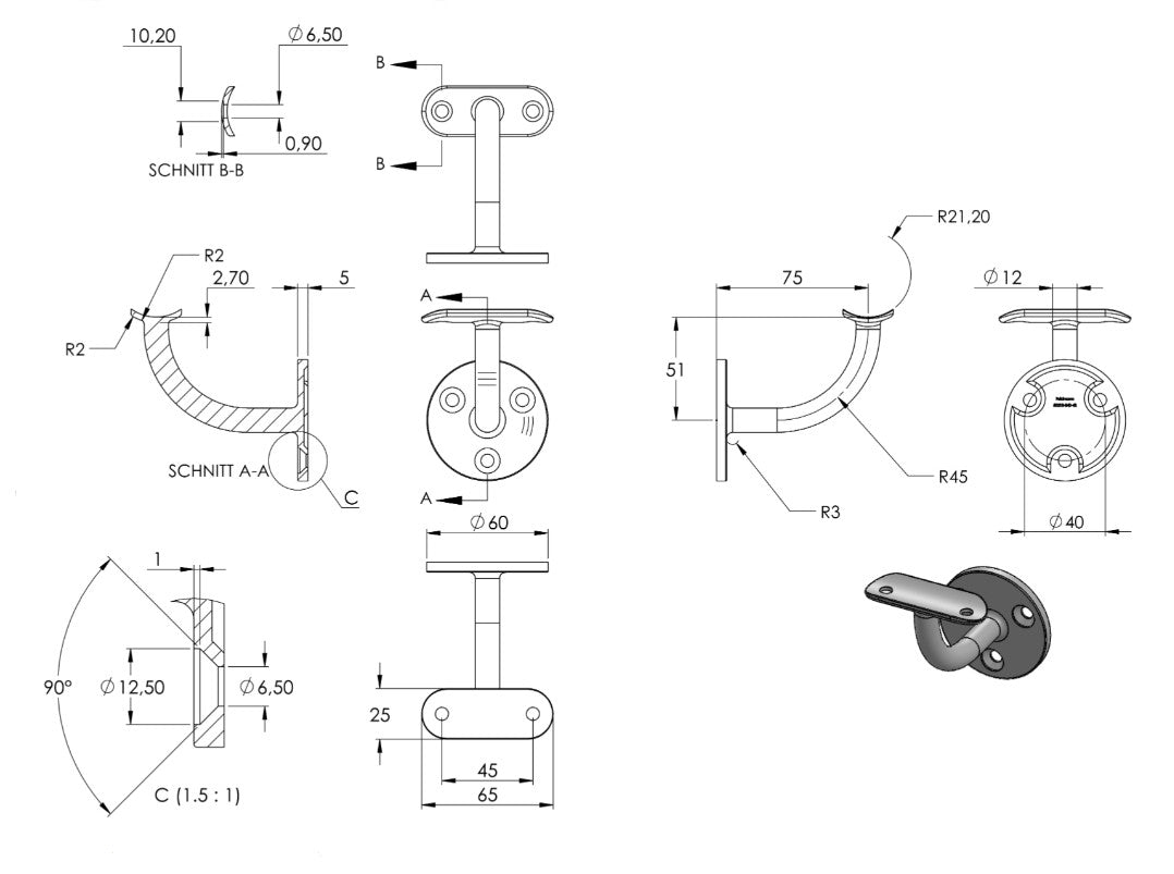 Zeichnung Handlaufhalter mit Anschlussplatte Ø 42,4 mm