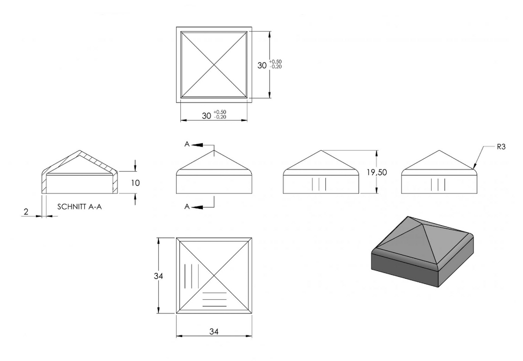 Zeichnung Pyramidenkappe für Rohr 30 x 30 mm