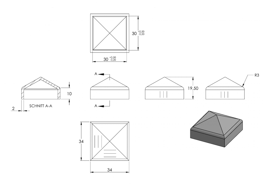 Zeichnung Pyramidenkappe für Rohr 30 x 30 mm