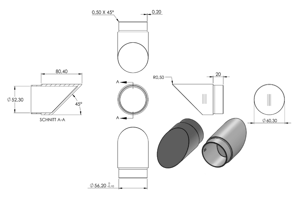 Zeichnung Endstück für  Rohr Ø 60,3 x 2,0 mm