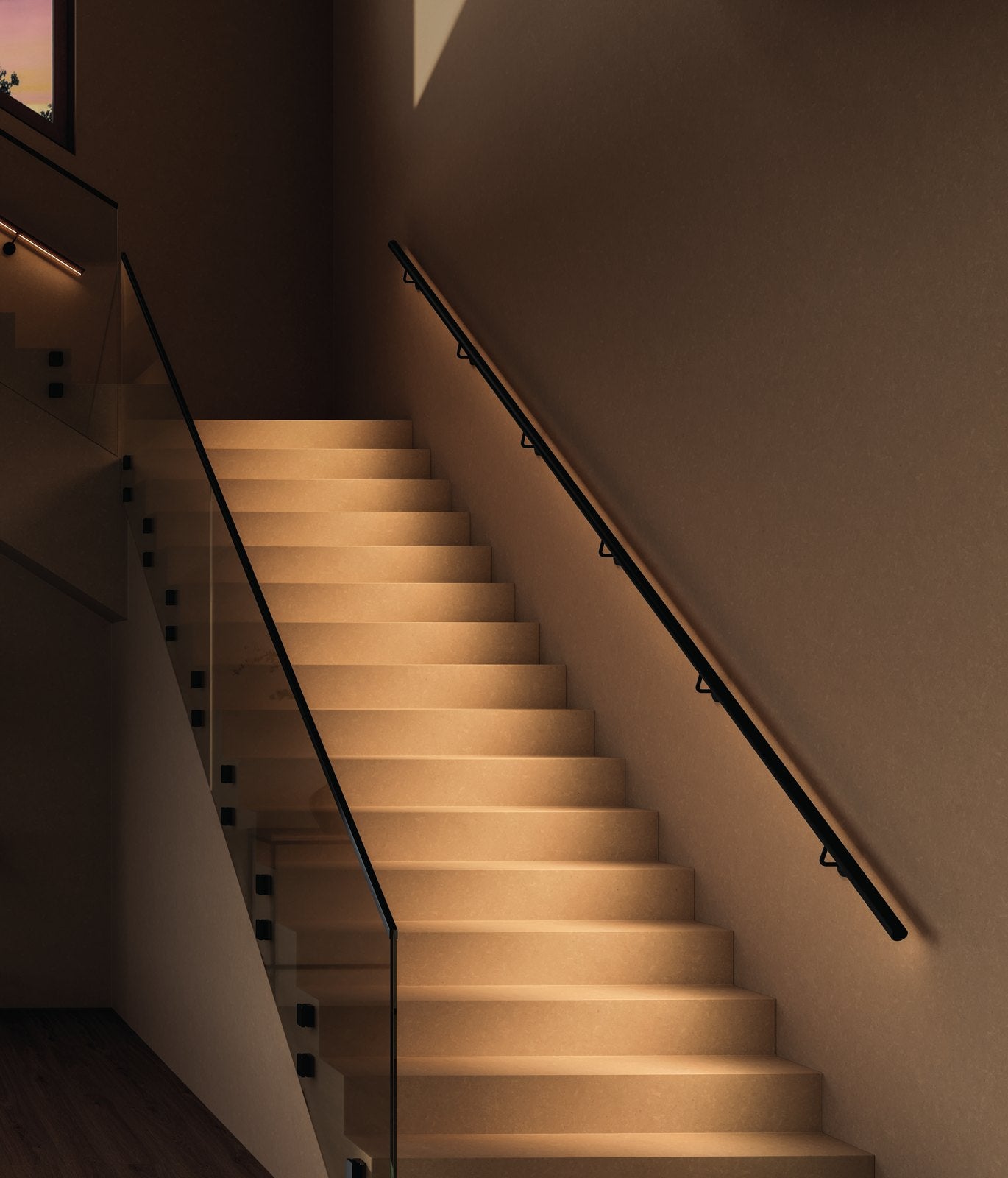 LUNORA® LED-Handlauf: beleuchtete Treppe mit Edelstahl-Handlauf